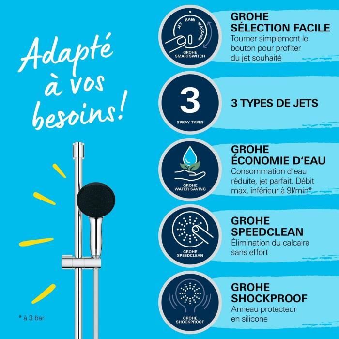 Ensemble de douche avec pommeau 3 jets, barre 90cm et flexible - GROHE Vitalio Start 110 26956001 - Economie d'eau - Chromé
