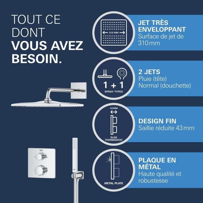 Ensemble de douche encastré - 1 jet - Mitigeur thermostatique - GROHE - 34881000 - Gris
