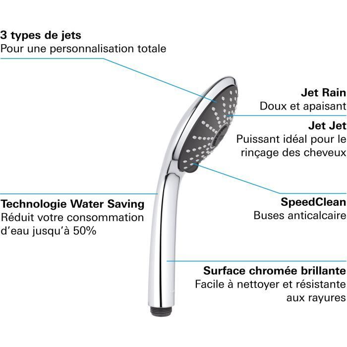 Douchette 3 jets - GROHE - Vitalio Joy 110 Massage - Chromé - Economie d'eau