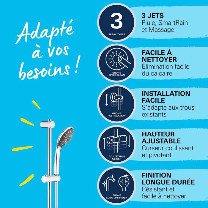Ensemble de douche 3 jets - GROHE - Vitalio Joy 110 Massage - Flexible lisse - Systeme anti-torsion