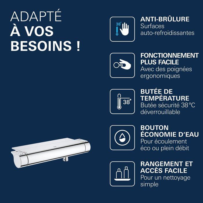 GROHE Mitigeur thermostatique douche ˝ Grohtherm 2000 34469001 - Porte-savon - Limiteur de température - Economie d'eau - Chrome