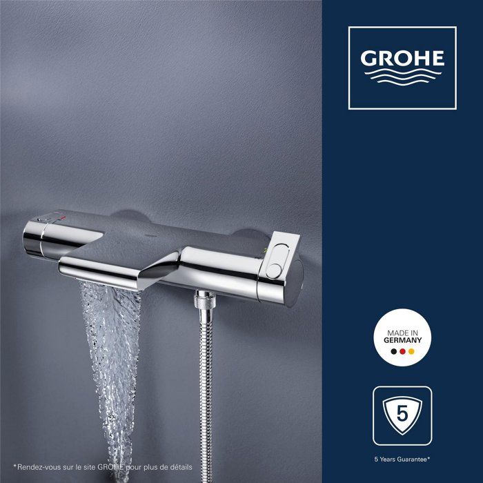 GROHE Mitigeur mural thermostatique bain/douche ˝ Grohtherm 2000 34174001 - Jet cascade - Limiteur de température - Economie d'eau