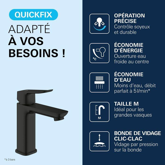 Mitigeur de lavabo - GROHE DICE - Taille M - Cartouche Ch3 & clic-clac - Noir mat