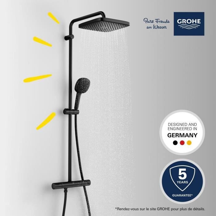 Colonne de douche avec mitigeur thermostatique - Economie d'eau - GROHE Vitalio Comfort 250 - Noir Mat - 266962431