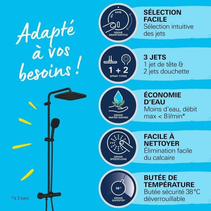 Colonne de douche avec mitigeur thermostatique - Economie d'eau - GROHE Vitalio Comfort 250 - Noir Mat - 266962431