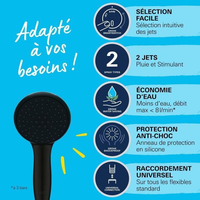 Pommeau de douche - GROHE Vitalio Start 110 279462431 - 2 jets (Pluie/Stimulant) - Economie d'eau - Procédé anti-calcaire - Noir Mat