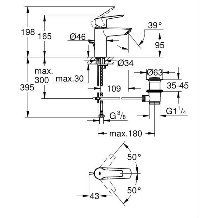 Mitigeur monocommande lavabo - GROHE Start - 242092432 - Noir mat - Taille S - Economie d'eau - Tirette et vidage