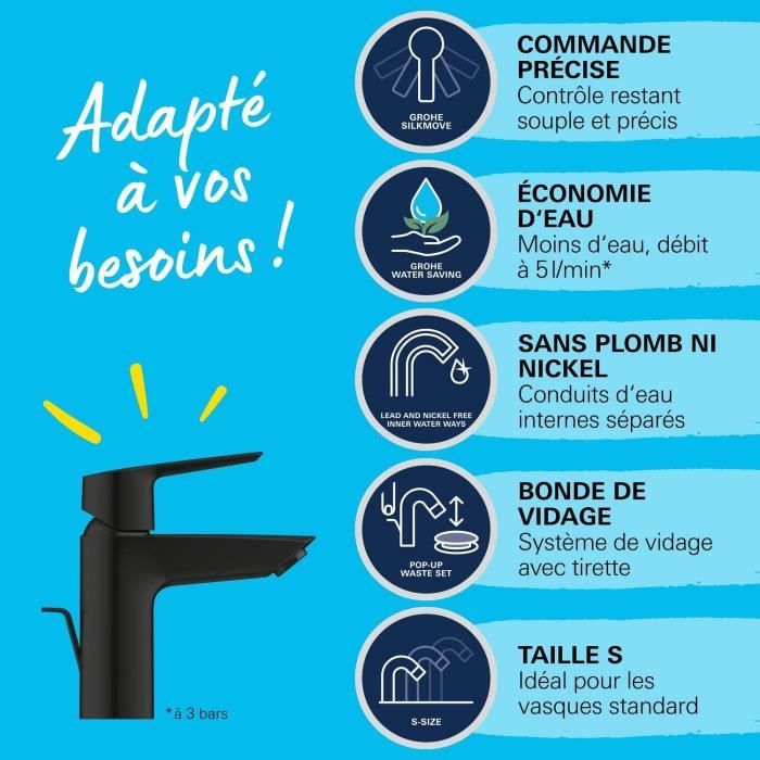 Mitigeur monocommande lavabo - GROHE Start - 242092432 - Noir mat - Taille S - Economie d'eau - Tirette et vidage