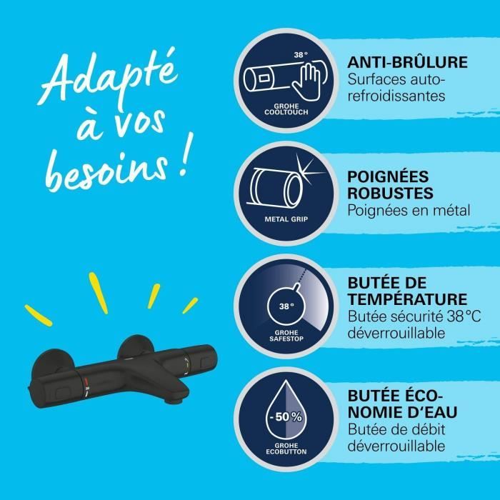 Mitigeur thermostatique bain/douche - GROHE Precision Trend - 1022162432 - Noir mat - Montage mural apparent - Economie d'eau