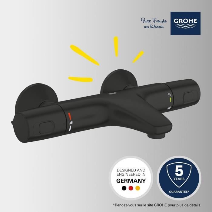 Mitigeur thermostatique bain/douche - GROHE Precision Trend - 1022162432 - Noir mat - Montage mural apparent - Economie d'eau