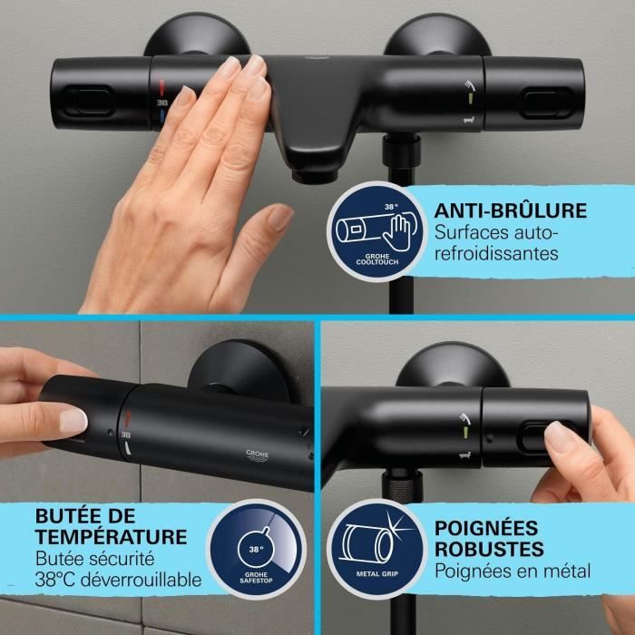 Mitigeur thermostatique bain/douche - GROHE Precision Trend - 1022162432 - Noir mat - Montage mural apparent - Economie d'eau