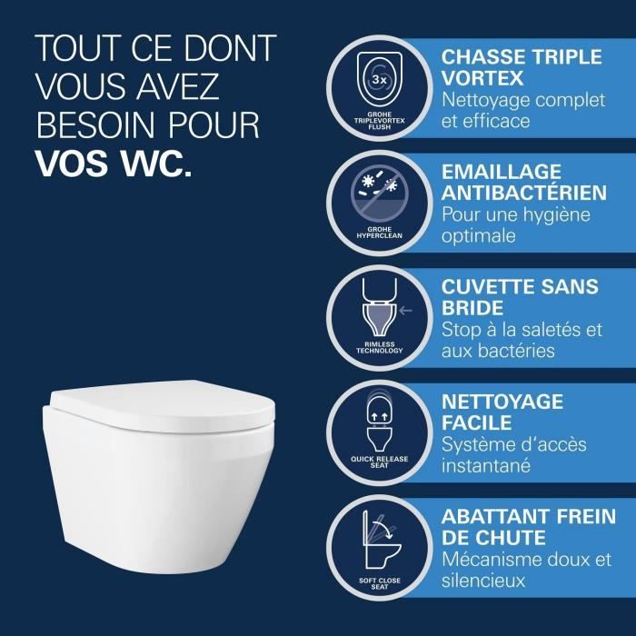 Ensemble WC suspendu compact - Sortie horizontale - Sans bride - GROHE Euro Ceramic Triple Vortex (102 486 SH00)