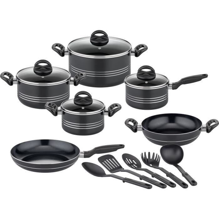 Batterie de cuisine - Induction - GSW - MILANO NERO - 15 pieces - Aluminium massif - Noir
