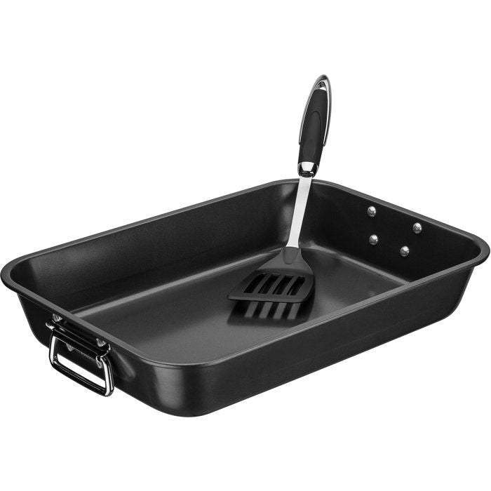 Plat a gratin - GSW - 40 x 28 x 7 cm - Acier massif - Anti-adhésif - Poignées inox rabattables - Avec Spatule - Noir
