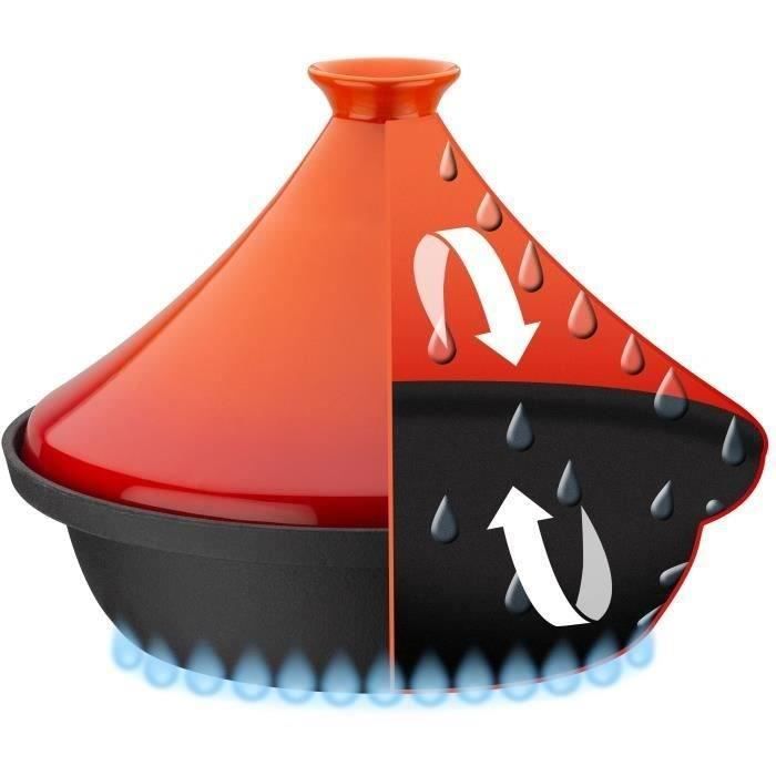 Tajine fonte massive - GSW - 30 x 22 cm - Couvercle céramique - Induction - Orange