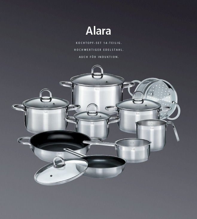 Batterie de cuisine - Induction - GSW - ALARA - Acier inoxydable massif 18/10 - 14 pieces