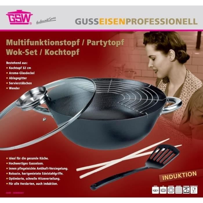 Wok multifonction 5 pieces - GSW - 860956 - Fonte d'acier - 32 cm - Tous feux dont induction