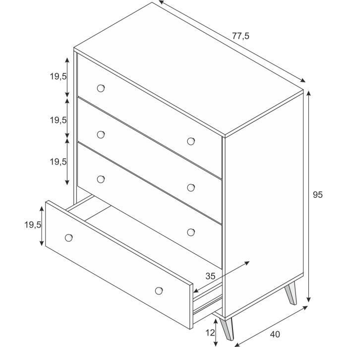 Commode SWEET 4 Tiroirs - Décor blanc - L 77.5 x P 40 x H 95cm