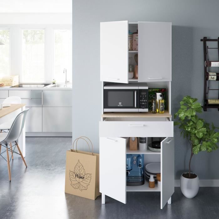 Buffet de cuisine KIRA - DÈcor blanc artik et chene canadien - 4 Portes + 1 Tiroir - L186 x H72 x P40 cm