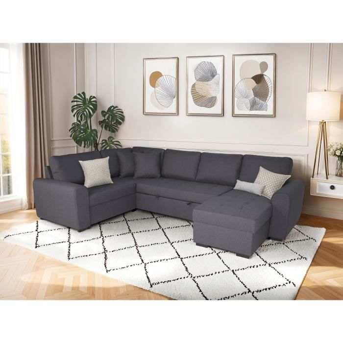 CanapÈ d'angle panoramique convertible rÈversible - Tissu Gris - L 313 x P 213 x H 90 cm - HAMILTON - FabriquÈ en Ukraine