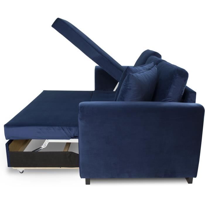 CanapÈ d'angle convertible HAMILTON 4 places - Tissu velours bleu - L 245 x P 140 x H 86 - Coffre de rangement