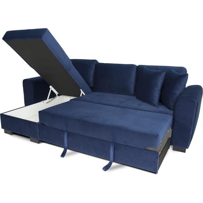 CanapÈ d'angle convertible HAMILTON 4 places - Tissu velours bleu - L 245 x P 140 x H 86 - Coffre de rangement
