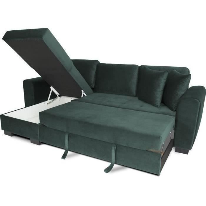CanapÈ d'angle convertible HAMILTON 4 places - Tissu velours vert - L 245 x P 140 x H 86 - Coffre de rangement