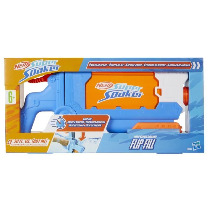 Nerf Super Soaker Flip Fill, Pistolet a eau avec 4 styles de jet, remplissage rapide, capacité de 887 mL d'eau, jouets des 6 ans