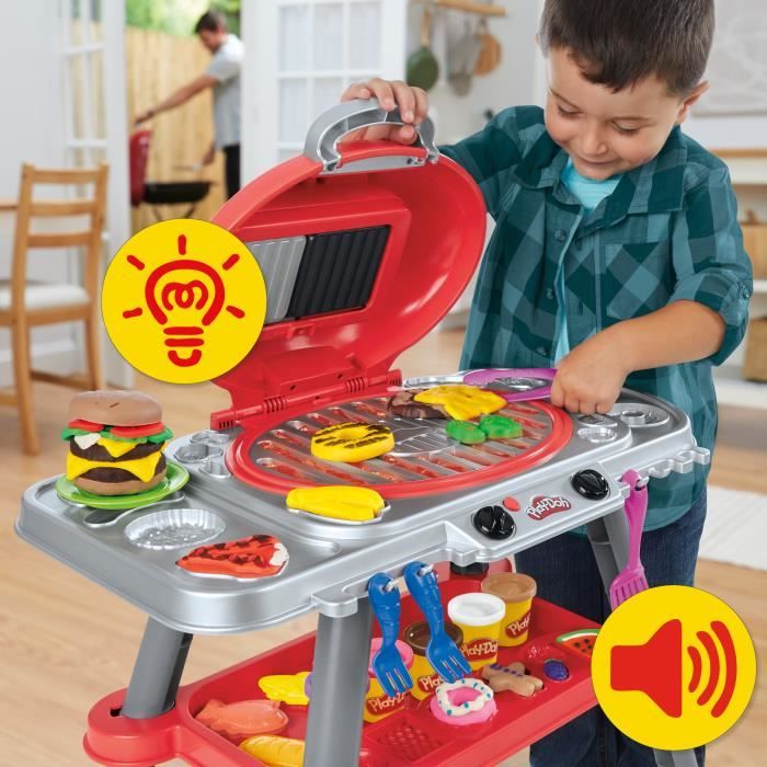 PlayDoh Délices grillés BBQ factice, coffret de pâte a modeler avec sons et lumieres, 17 accessoires, loisirs créatifs, des 3 ans