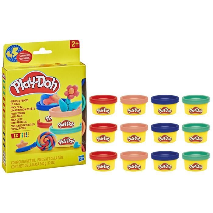 Play-Doh Pack de 12 L'imagination en fete, autocollants et pots de pâte a modeler de 28 g, petits cadeaux, loisirs créatifs pour enf