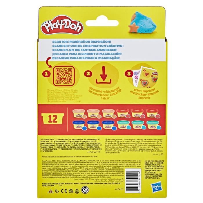 Play-Doh Pack de 12 L'imagination en fete, autocollants et pots de pâte a modeler de 28 g, petits cadeaux, loisirs créatifs pour enf