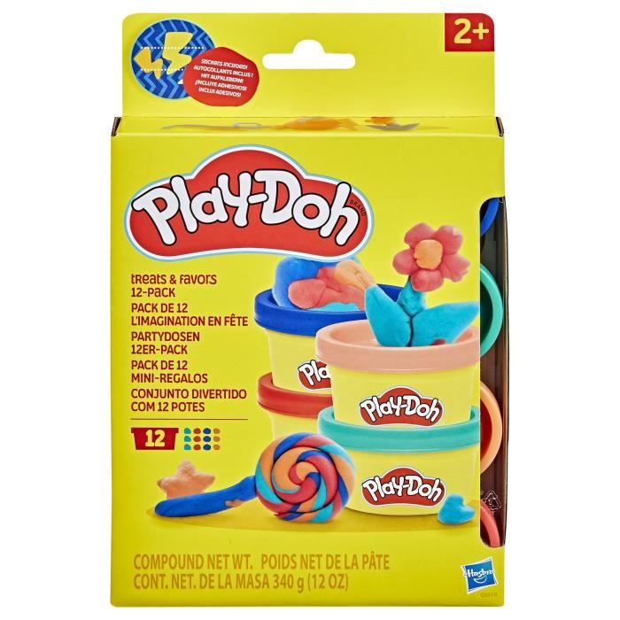 Play-Doh Pack de 12 L'imagination en fete, autocollants et pots de pâte a modeler de 28 g, petits cadeaux, loisirs créatifs pour enf