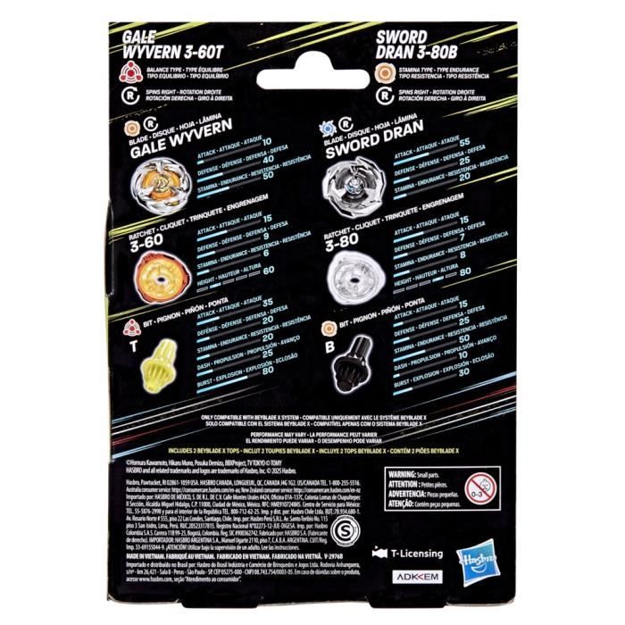 Beyblade X Dual Pack Gale Wyvern 3-60T et Sword Dran 3-80B, 2 toupies de compétition a rotation droite authentiques Takara Tomy, Des