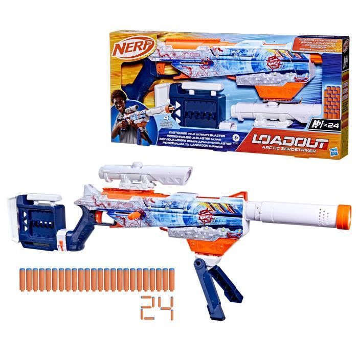 Nerf Loadout Arctic Zerostriker, blaster avec 4 accessoires interchangeables, 24 fléchettes Nerf N1, chargeur interne 6 fléchettes,
