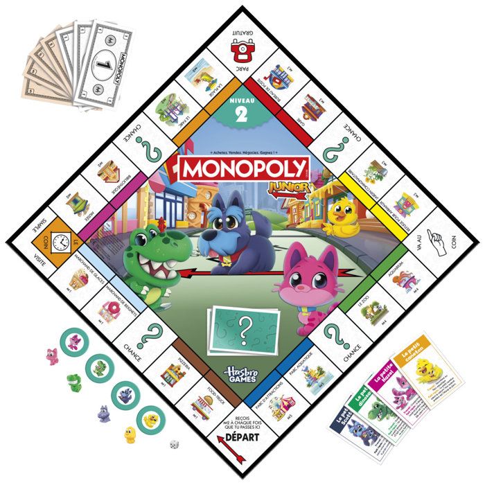 Monopoly Junior 2 en 1 carré (édition 2026), Jeu de Plateau, Plateau réversible, 2 a 4 Joueurs, 20 Min, Version française, des 4 ans