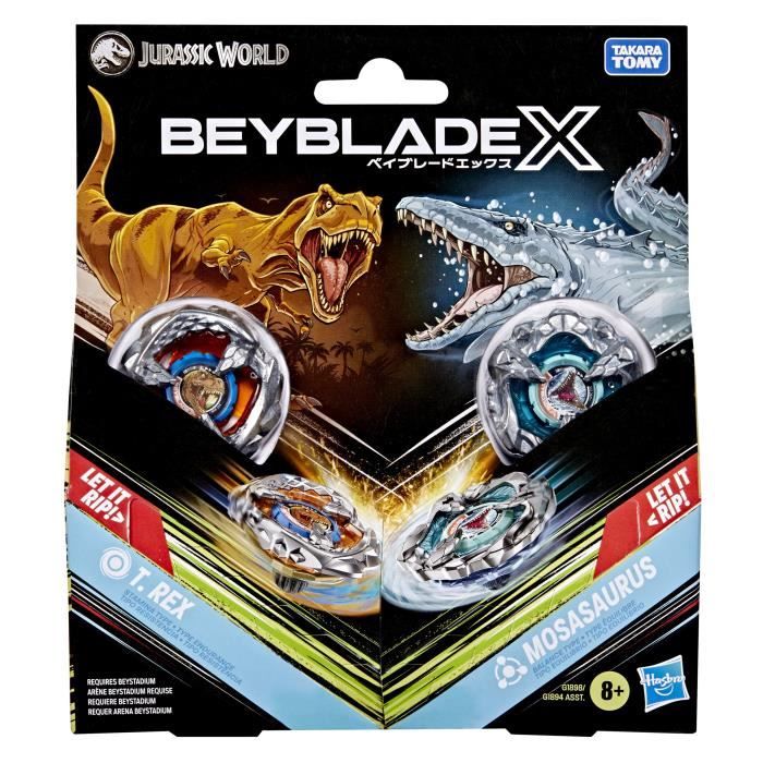 Beyblade X Jurassic World T. Rex contre Mosasaurus, 2 toupies de compétition Takara Tomy, 2 lanceurs, des 8 ans