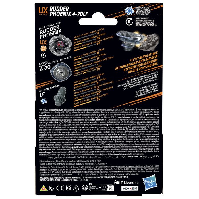 Beyblade X Starter Pack Rudder Phoenix 4-70LF UX, toupie Takara Tomy de type attaque avec lanceur, toupies de compétition, des 8 ans
