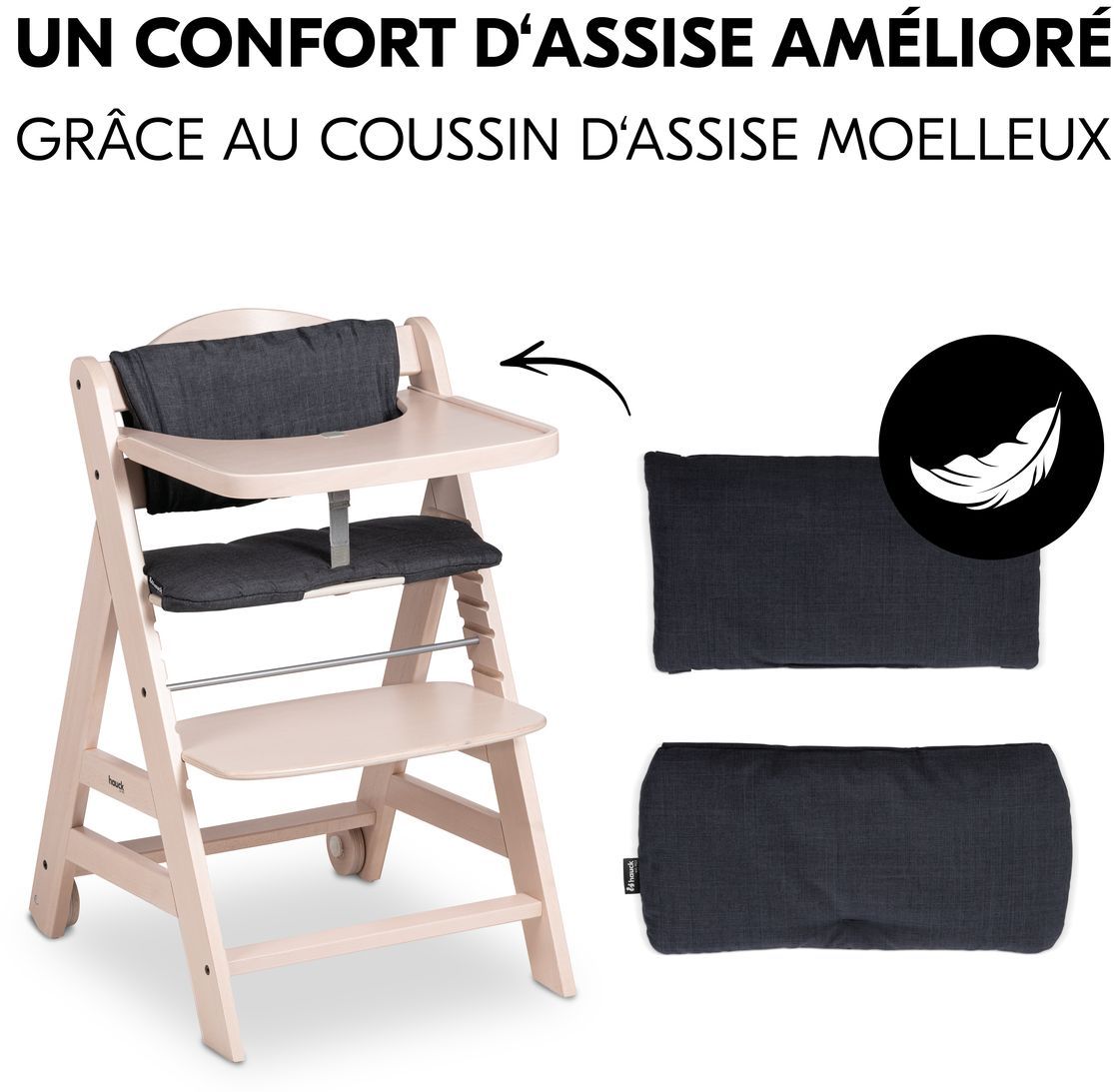 Chaise haute - HAUCK - BETA+ - Evolutive - De 6 mois a 90 kg - Bois FSC - Harnais 5 points - Roulettes - Whitewashed