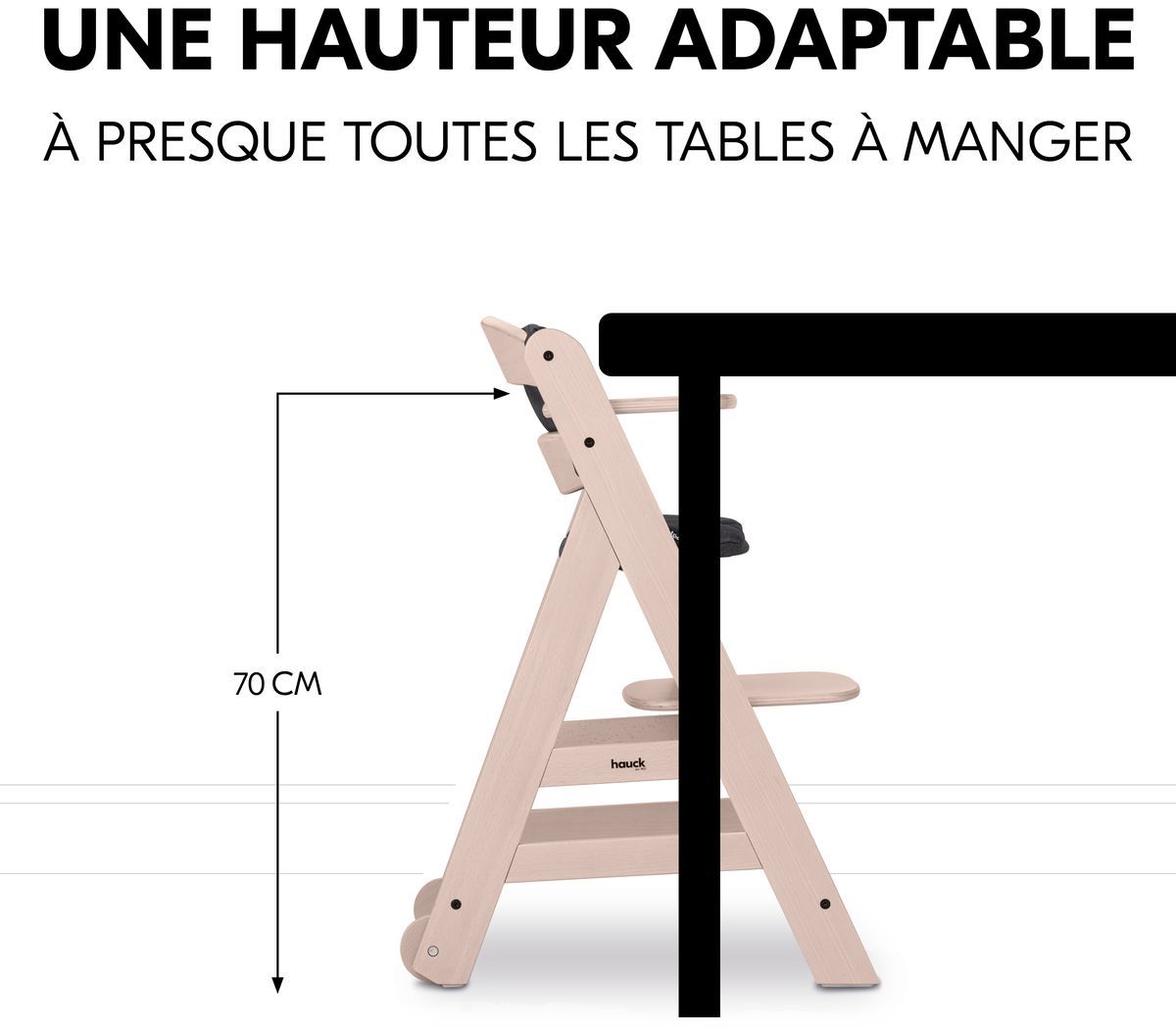 Chaise haute - HAUCK - BETA+ - Evolutive - De 6 mois a 90 kg - Bois FSC - Harnais 5 points - Roulettes - Whitewashed