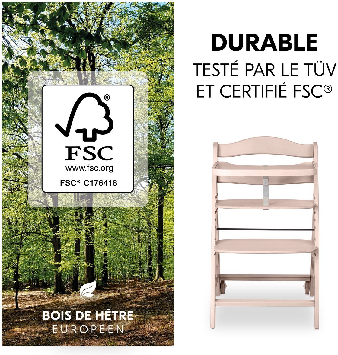 Chaise haute - HAUCK - BETA+ - Evolutive - De 6 mois a 90 kg - Bois FSC - Harnais 5 points - Roulettes - Whitewashed