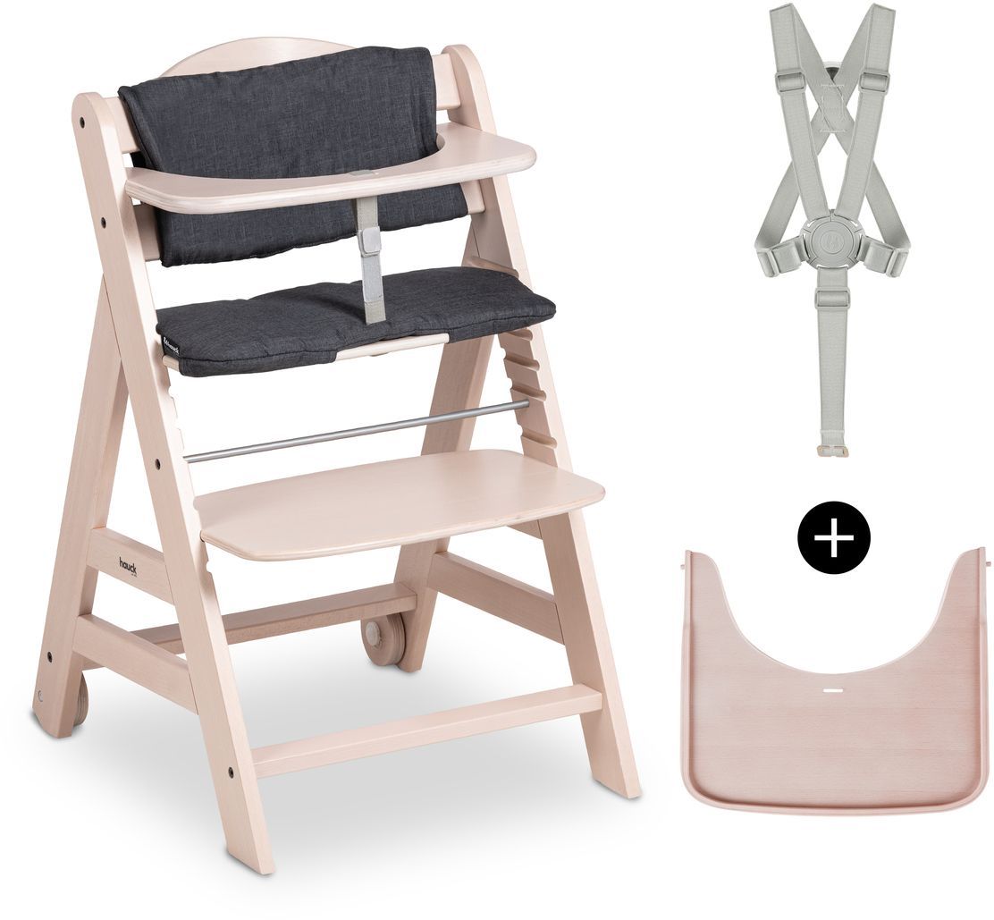 Chaise haute - HAUCK - BETA+ - Evolutive - De 6 mois a 90 kg - Bois FSC - Harnais 5 points - Roulettes - Whitewashed