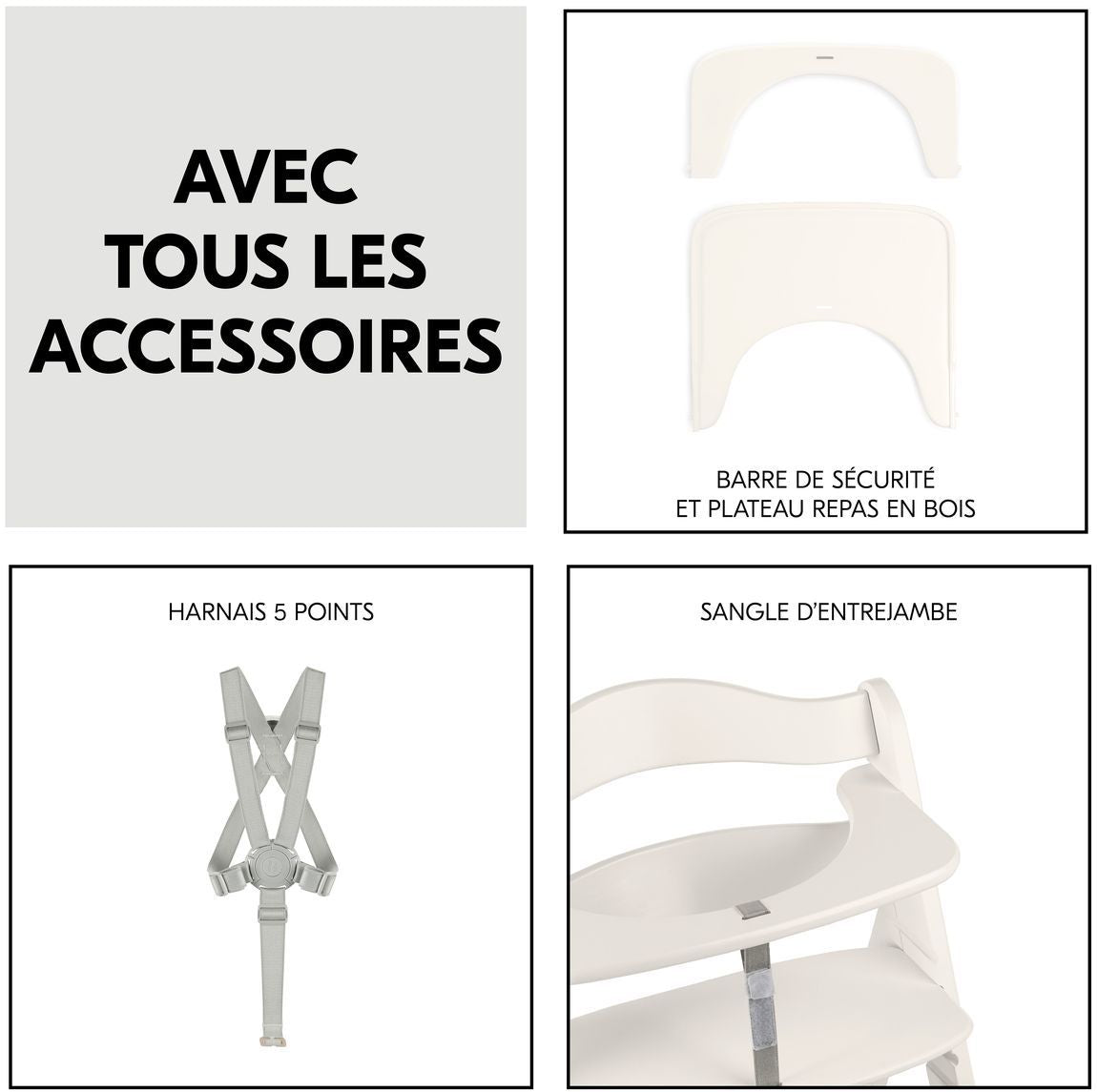 Chaise haute - HAUCK - BETA+ - Evolutive - De 6 mois a 90 kg - Bois FSC - Harnais 5 points - Roulettes - Blanc