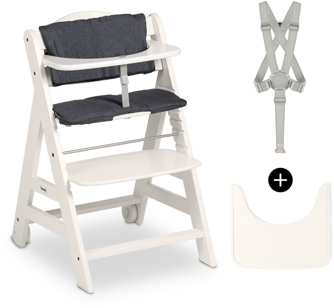 Chaise haute - HAUCK - BETA+ - Evolutive - De 6 mois a 90 kg - Bois FSC - Harnais 5 points - Roulettes - Blanc