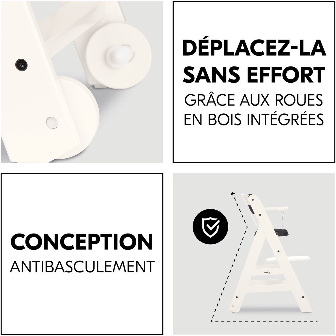 Chaise haute - HAUCK - BETA+ - Evolutive - De 6 mois a 90 kg - Bois FSC - Harnais 5 points - Roulettes - Blanc