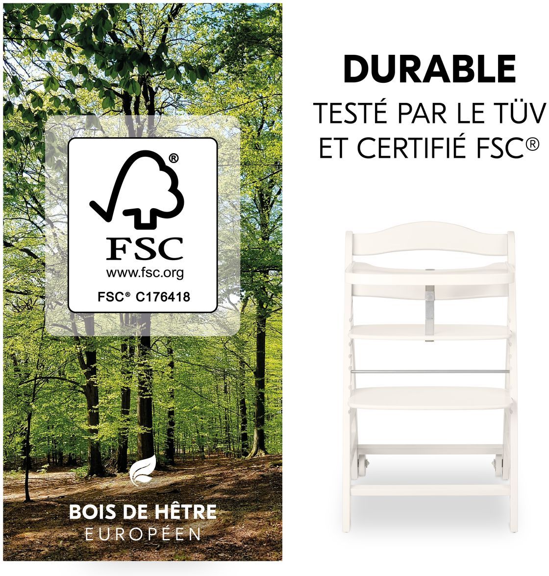 Chaise haute - HAUCK - BETA+ - Evolutive - De 6 mois a 90 kg - Bois FSC - Harnais 5 points - Roulettes - Blanc