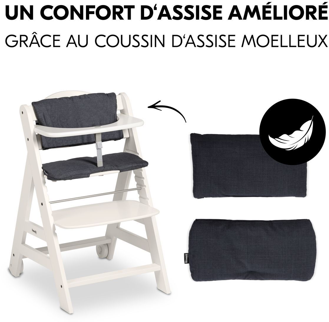 Chaise haute - HAUCK - BETA+ - Evolutive - De 6 mois a 90 kg - Bois FSC - Harnais 5 points - Roulettes - Blanc