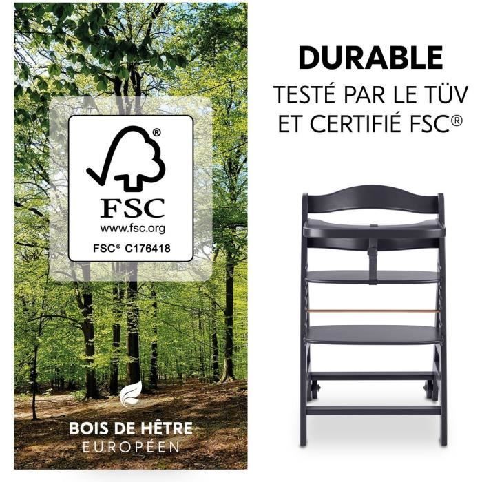 Chaise haute - HAUCK - BETA+ - Evolutive - De 6 mois a 90 kg - Bois FSC - Harnais 5 points - Roulettes - Gris