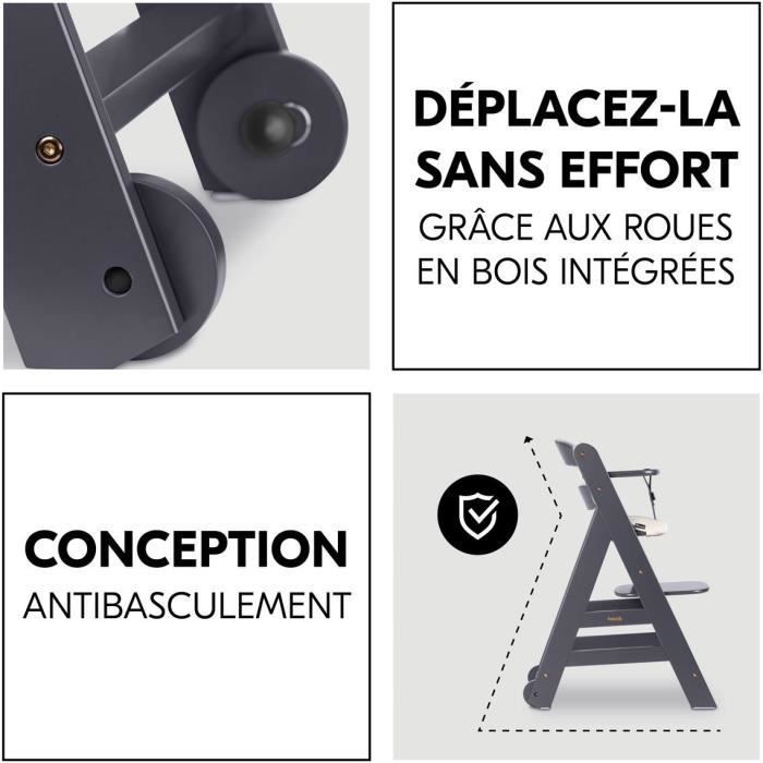 Chaise haute - HAUCK - BETA+ - Evolutive - De 6 mois a 90 kg - Bois FSC - Harnais 5 points - Roulettes - Gris