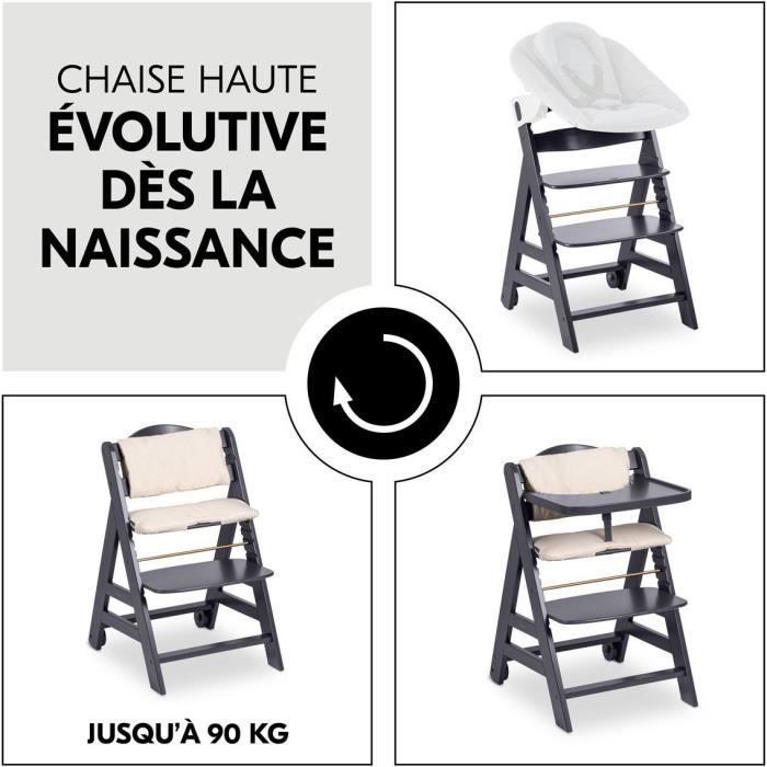 Chaise haute - HAUCK - BETA+ - Evolutive - De 6 mois a 90 kg - Bois FSC - Harnais 5 points - Roulettes - Gris