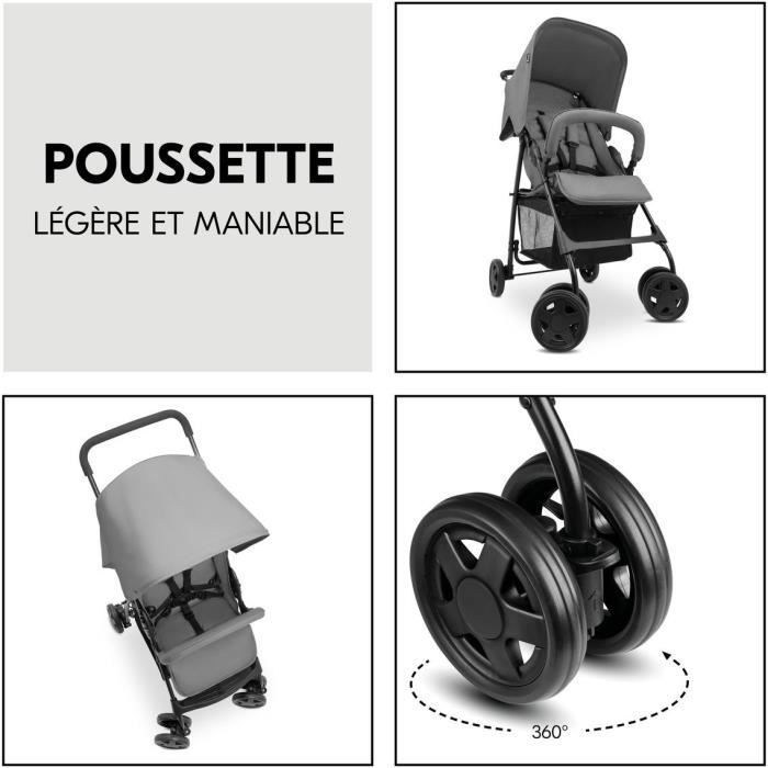 HAUCK - Poussette canne - SPORT - Pliable & inclinable - Capote Pare-Soleil - 4 roues - Gris